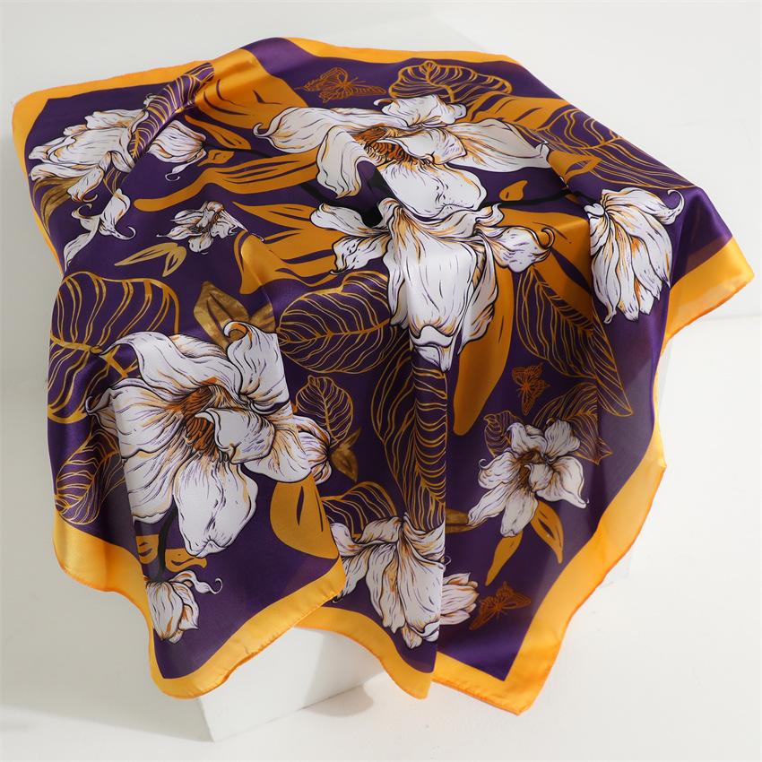 New temperament purple lily square scarf spring and summer imitation silk elegant versatile flower silk scarf thin scarf sunscreen headscarf