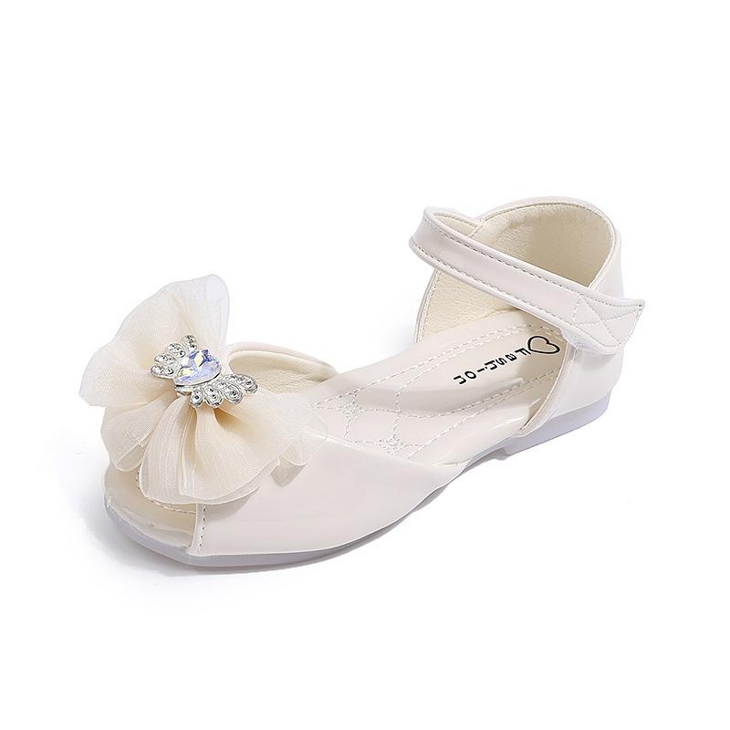 Butterfly Buckle Ribbon Bow Decoration Girls' Shoes, Shiny Leather Soft-Sole Princess Shoes, Peep-Toe Children's Princess Sandals