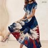 Women Plus Size Round Neck Short Sleeve Firework Star Printed Navy Blue Gathered Waist A Line Long Dress