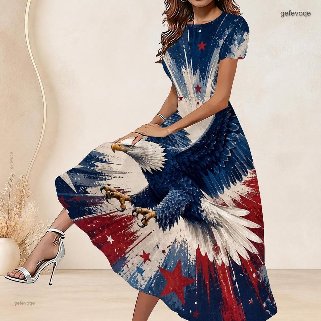Women Plus Size Round Neck Short Sleeve Firework Star Printed Navy Blue Gathered Waist A Line Long Dress