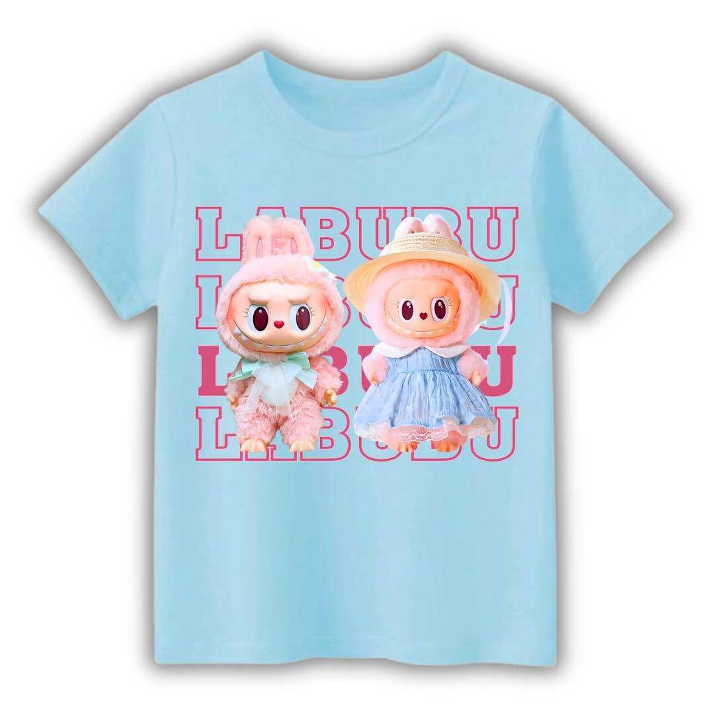 Summer LABUBU Pattern Children's T-shirt Cartoon Princess Skirt Labubu Printed Girl Round Neck Short Sleeve Casual Children's Top