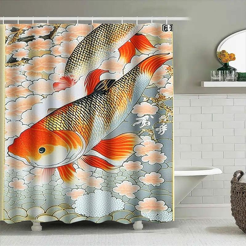 Modern Bathroom Decor Creative Fish Print Shower Curtain Set For Home Bathing Area With Hook Rods Includedpeach Blossom Design I