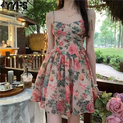 Women's Fashion Summer Spring Flower Pattern Print Sleeveless Suspenders High Waist Casual Dresses