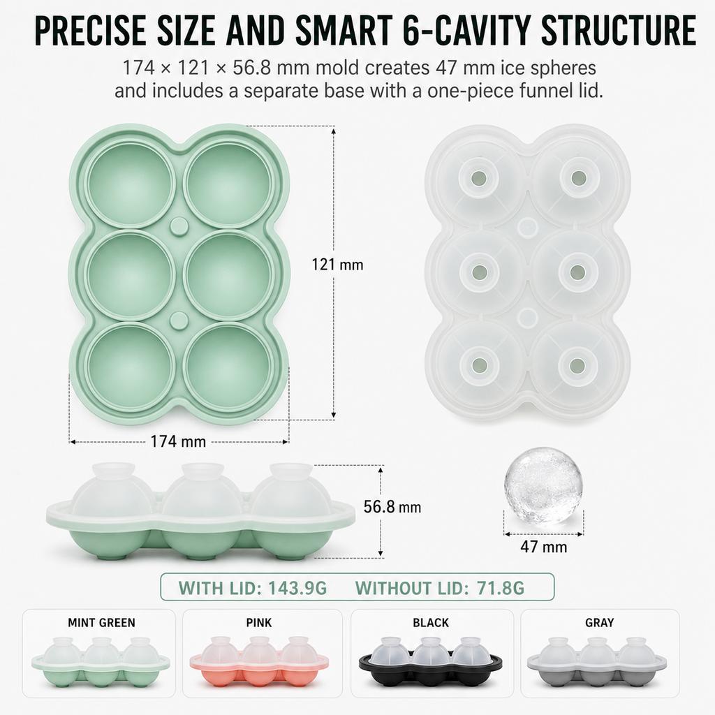 Large Round Ice Cube Maker 6 Hole Silicone Sphere Ice Tray With Attached Funnel Lid For Whiskey Bourbon Home Bar
