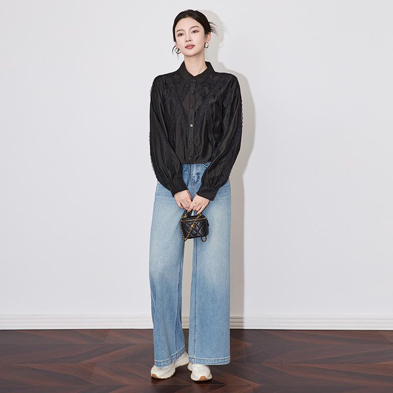 

Топ женский с длинным рукавом из высококачественного французского вышитого кружева L чёрный