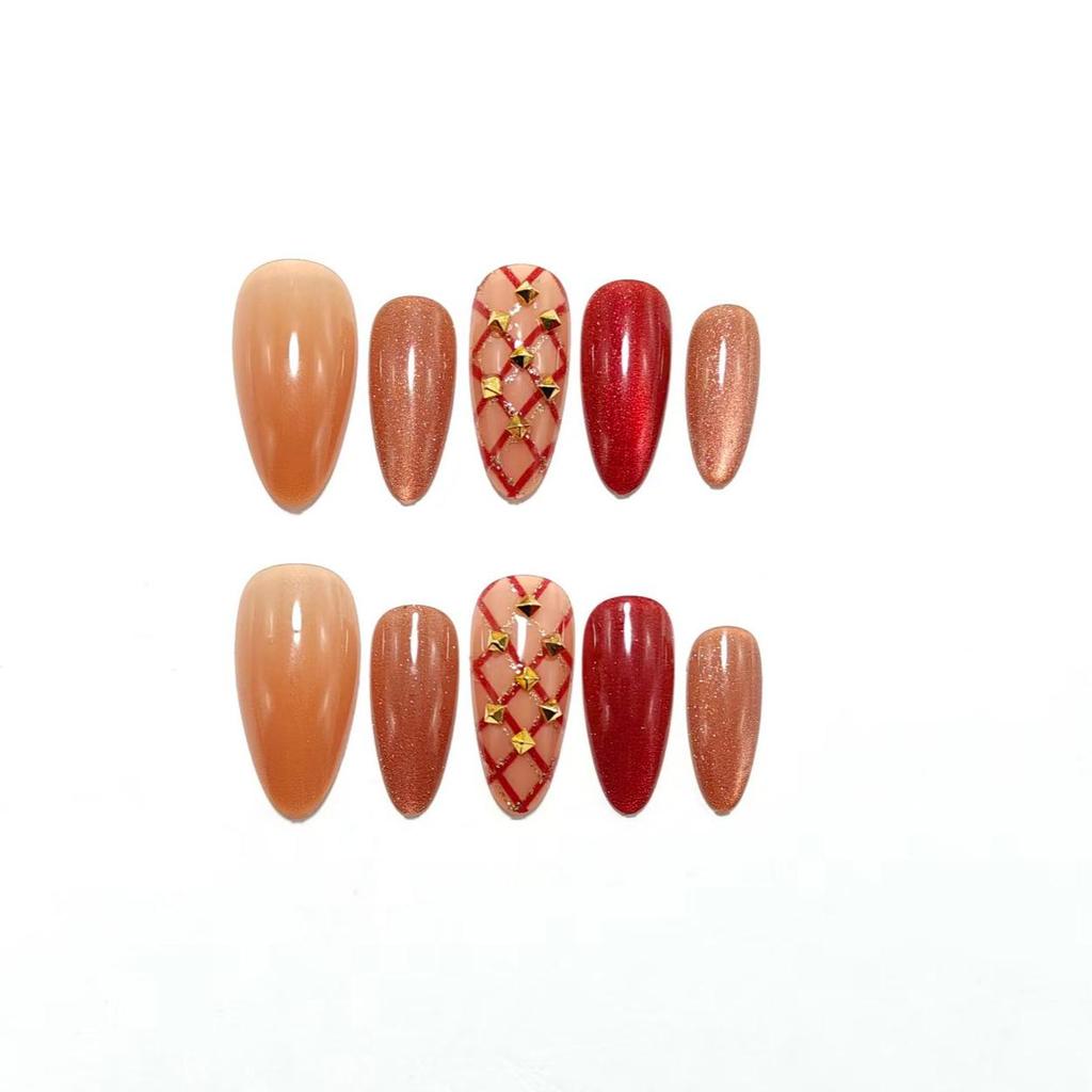 Autumn/Winter Hand-Painted Plaid & Wine Red Cat Eye Medium Length Nail Art