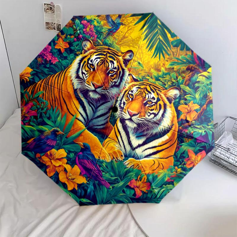 Tiger Parrot Pattern, Automatic Folding Umbrella, Portable and Foldable Design, 8 Ribs, a Christmas or Birthday Gift.
