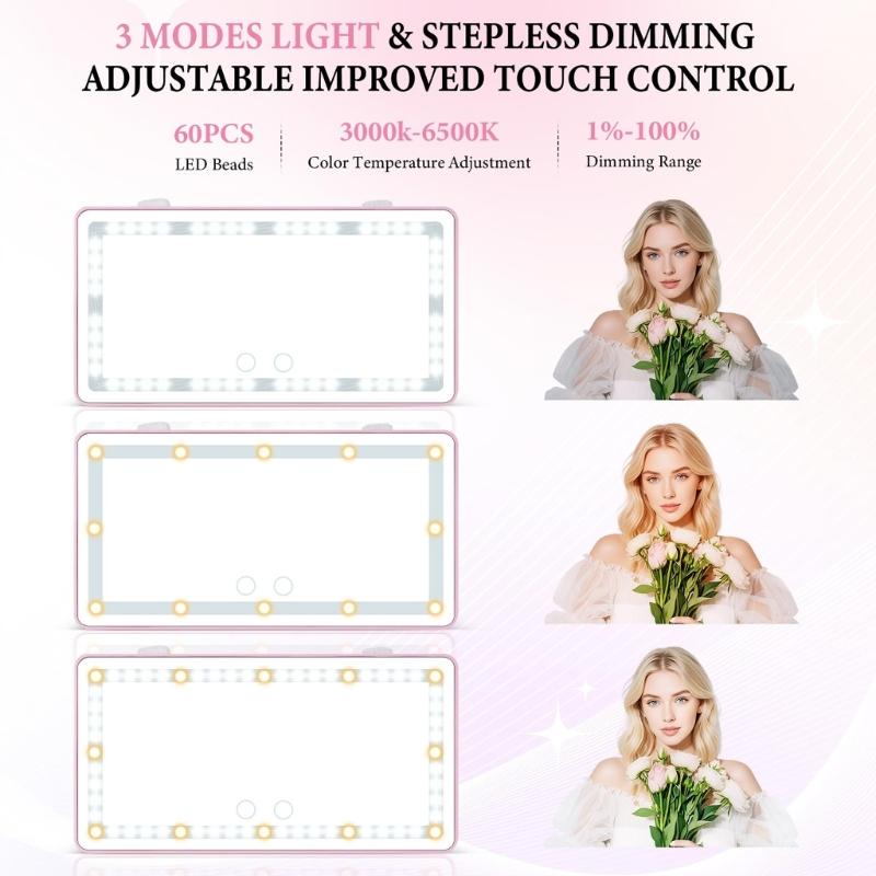 Rechargeable Makeup Mirror with Dimmable Touch 60 LEDs 3 Light Modes for Car Sun Visors Interior Accessory Quick Install