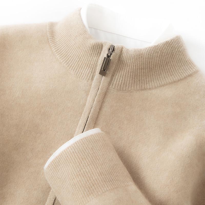 Men's Cashmere Zipper Knit Cardigan - Half-High Collar, Solid Color, Long Sleeve, Versatile Autumn/Winter Sweater.