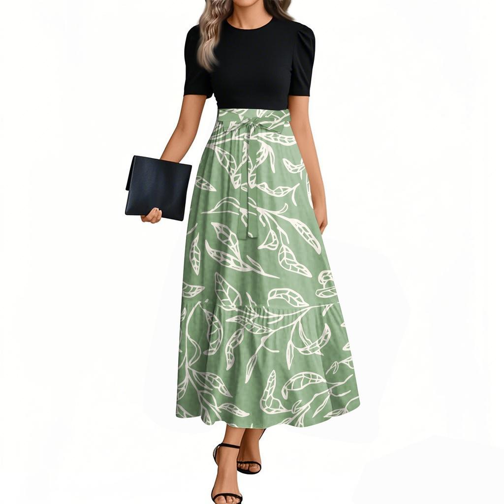 Women's Fashion Casual Belt Short Sleeve Round Neck Floral Stitching Elegant Temperament Dress