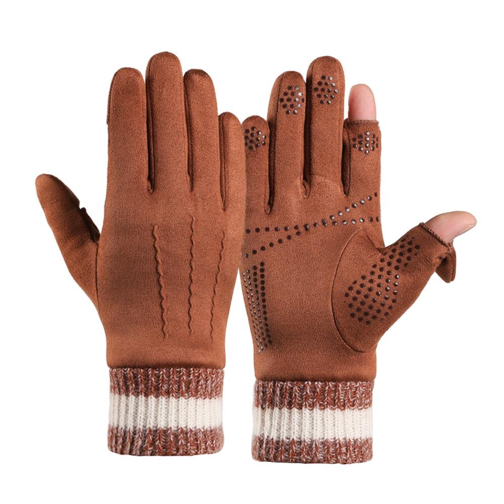 

Warm Touchable Screen Winter Gloves Flip Finger Fleece Lined Driving Mittens Full Finger Thickened Riding Gloves Men коричневый