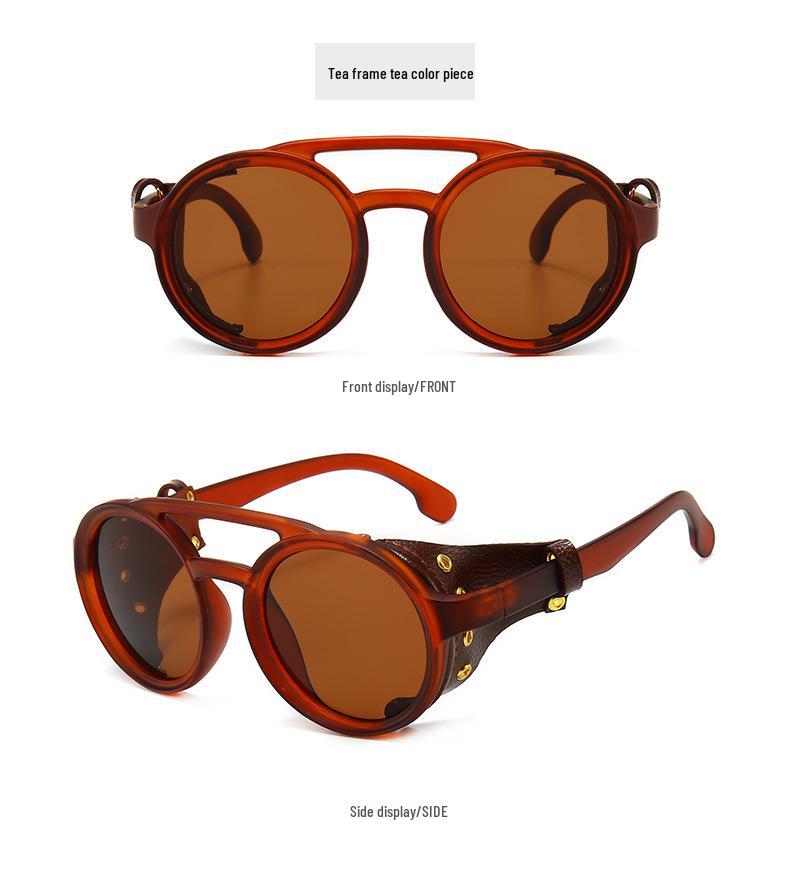 

1915 Punk Style Round Frame Sunglasses with Leather Inlay and Double Bridge - Unisex European and American Fashion