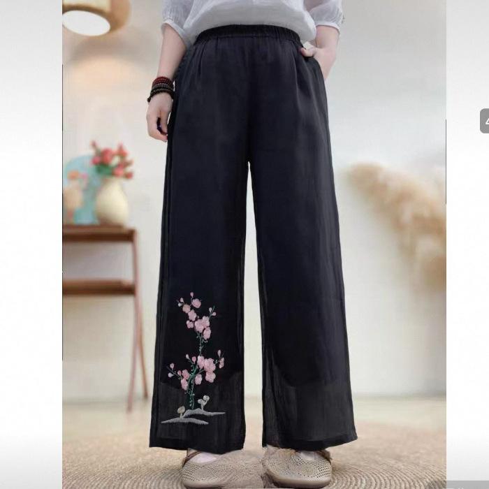 Summer National Style New Chinese Trousers Women's Elastic Embroidered Ethnic Style Embroidered Casual Trousers Retro Loose Wide-leg Trousers
