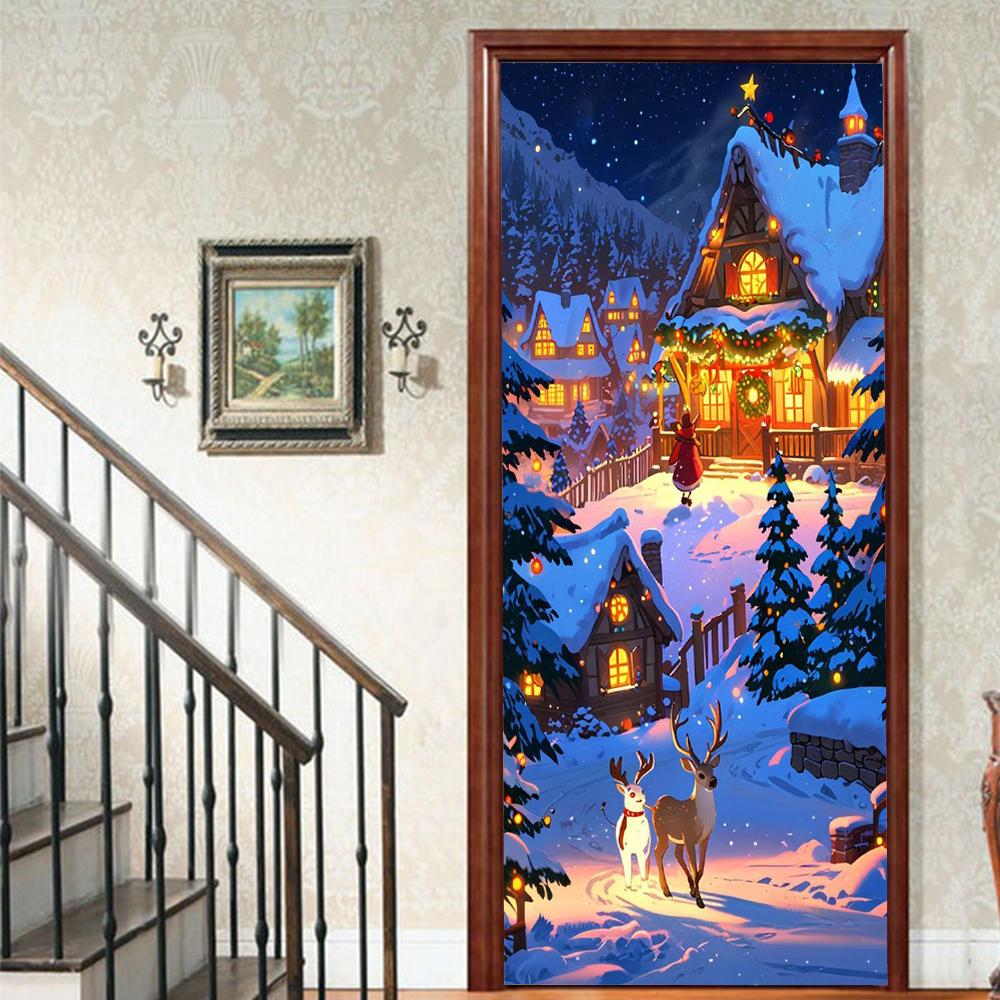 Christmas Santa Claus PVC Self-Adhesive Waterproof Door Sticker Modern Simulation Door Mural Wallpaper Living Room Study Home Decor Art Door Poster