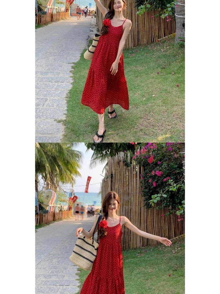 Spring 2025 French Floral Red A-line Spaghetti Strap Dress for Women