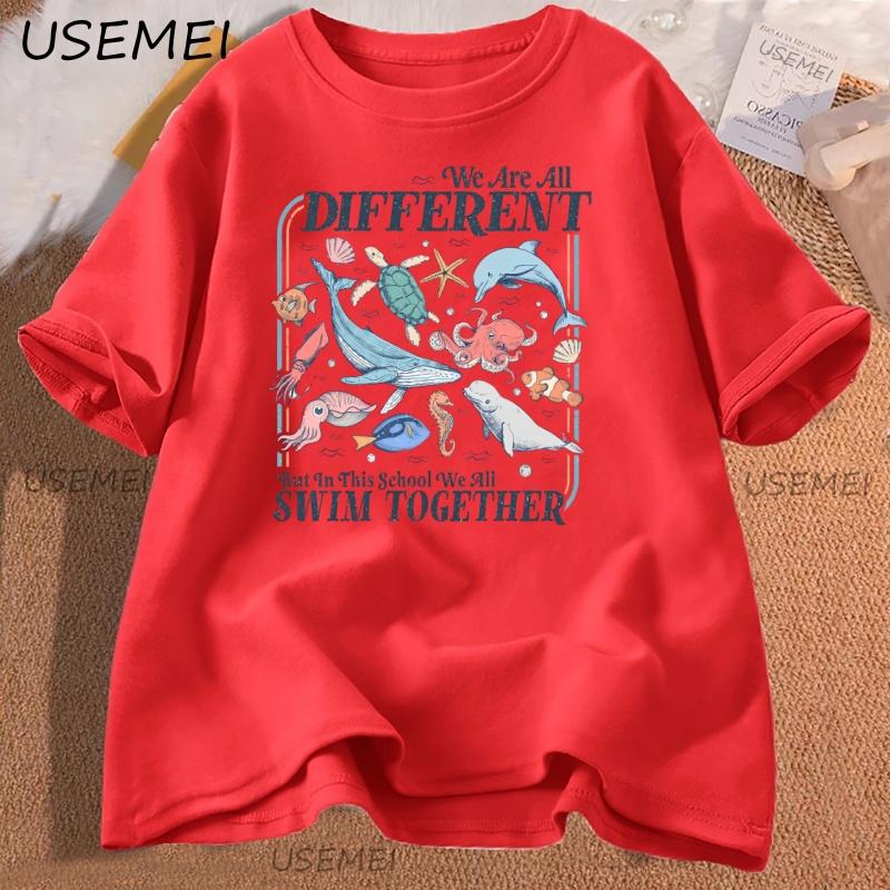 

We Are All Different Swim Together TShirt Teacher Back To School Tshirt Inclusive Ocean Animals Tee Loose Soft Cotton T Shirt S