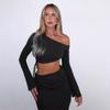 European and American Women's Clothing Cross-Border New Arrival Temperament Pure Color One Shoulder Midriff-Baring Top Slim Skirt Two-piece Set Pack
