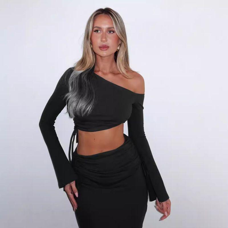 European and American Women's Clothing Cross-Border New Arrival Temperament Pure Color One Shoulder Midriff-Baring Top Slim Skirt Two-piece Set Pack