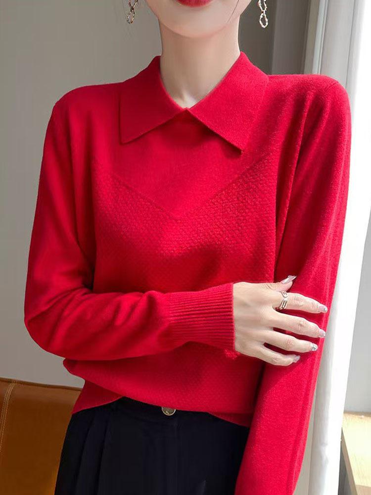 Women's Casual POLO Collar Knit Pullover - Loose Long Sleeve Autumn/Winter Lapel Sweater Design.