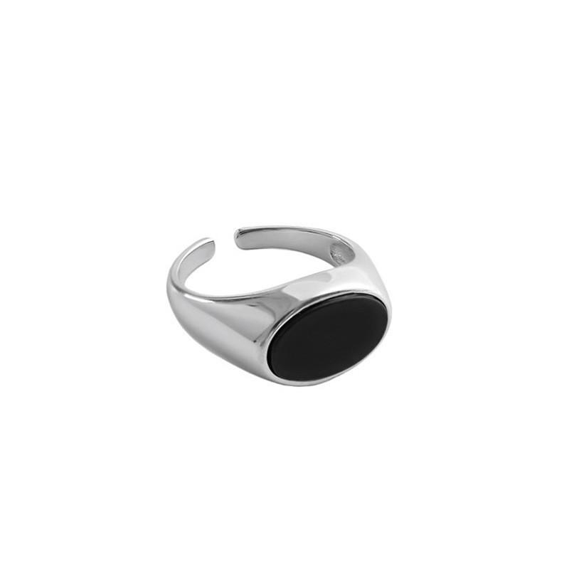 Black Chic Onyx Ring In 925 Sterling Silver With Adjustable Open Band For Cool Hip Style Hop