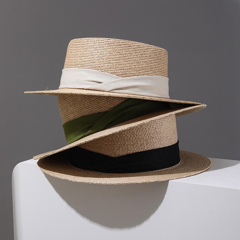 Zealous Sole Women's Fine Raffia Straw Boater Hat Flat Top Sun Hat Hand-Woven Beach Cap Twist Ribbon Elegant Summer Fedora Panama Hat Uv Guard 56-58Cm