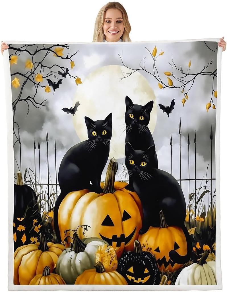 GUOYU Decke Happy Halloween Fleece-Decke Baby Kürbis Geist Feiertags Sherpa-Decke Gotische Fledermäuse Florale Pflanzen Flauschige Plüschdecke für Kinder