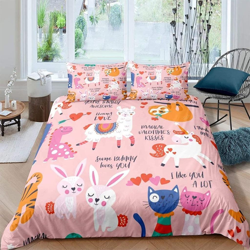 Pink Cartoon Animal King Queen Duvet Cover Kawaii Panda Pattern Bedding Set For Kids Girls Wildlife 2/3pcs Polyester Quilt Cover