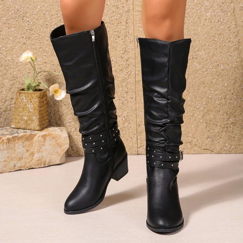Fashion Women's Fashion Chunky Single Boots Winter Season New Pointed Head Side Zipper Rivets Non-slip High Boots
