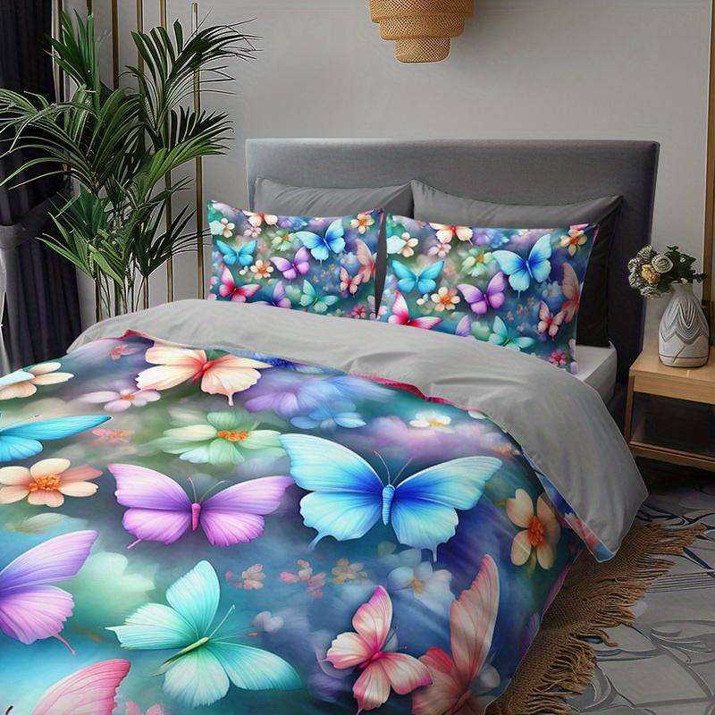 3Pcs Colorful Butterfly Floral Bedding Duvet Cover Set Butterfly Garden Bedding Quilt Set Butterfly Themed Spring Butterfly
