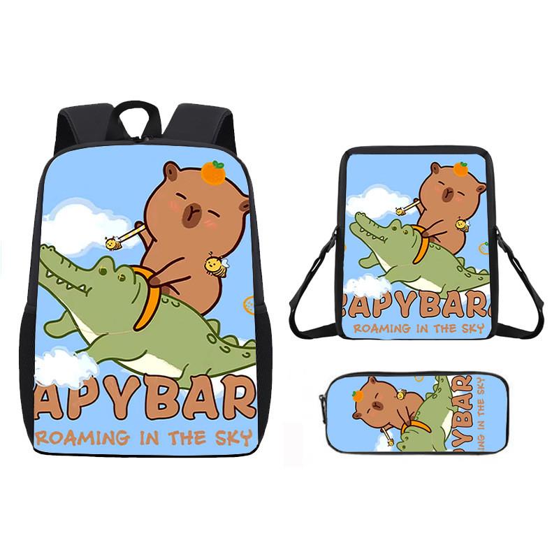 Ice Doughnut Cubes Capybara Cute Cartoon Pattern Backpack Three Piece Set