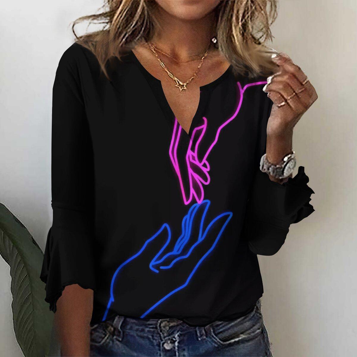 

2023 Осень Новая мода Женский повседневный топ больших размеров с V-образным вырезом с рукавом 3/4