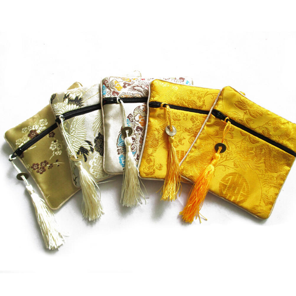 10Pcs Mix Colors Chinese Zipper Coin Tassel Silk Square Jewelry Bags Pouches
