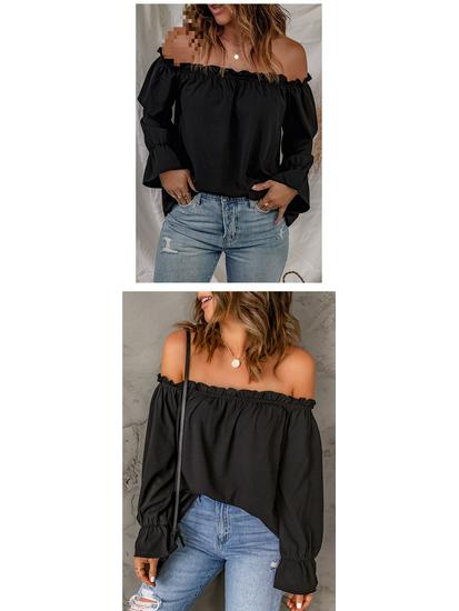 Women's Off-the-Shoulder Chiffon Blouse - European and American Style, Solid Color Pullover for Spring and Autumn, Sexy & Elegant.