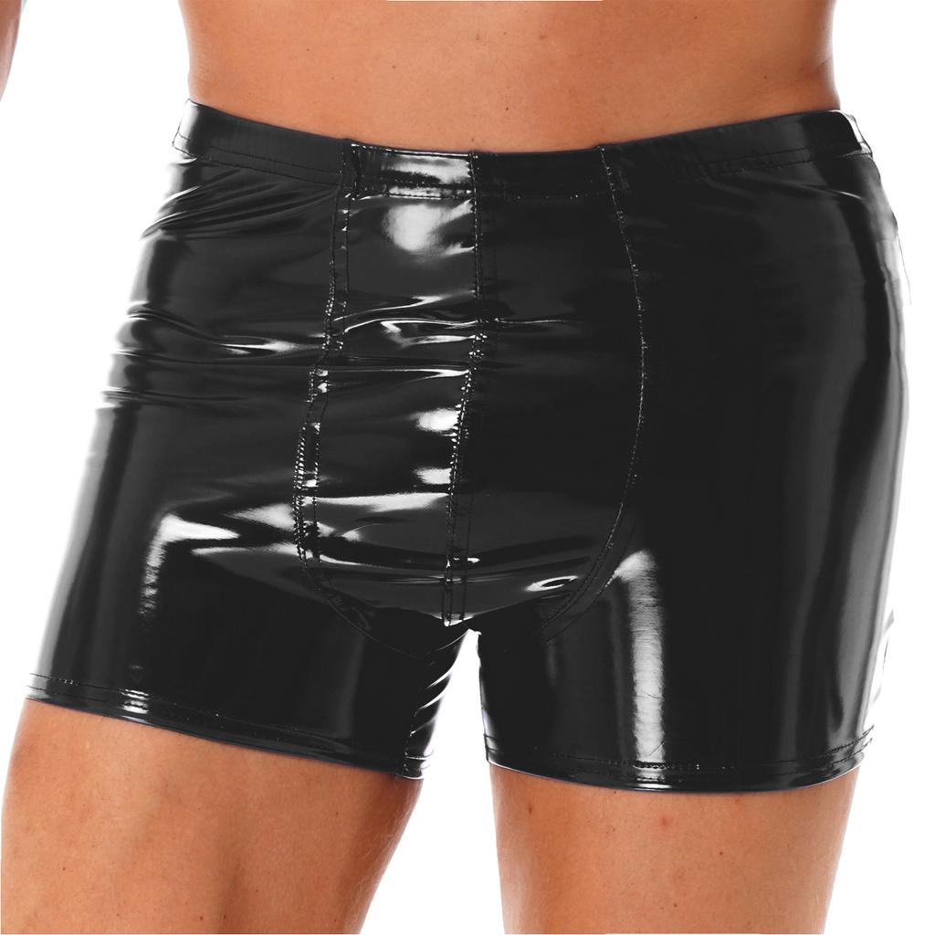 Mens Patent Leather Boxer Briefs Wet Look Shorts Elastic Waistband Bulge Pouch Design Clubwear