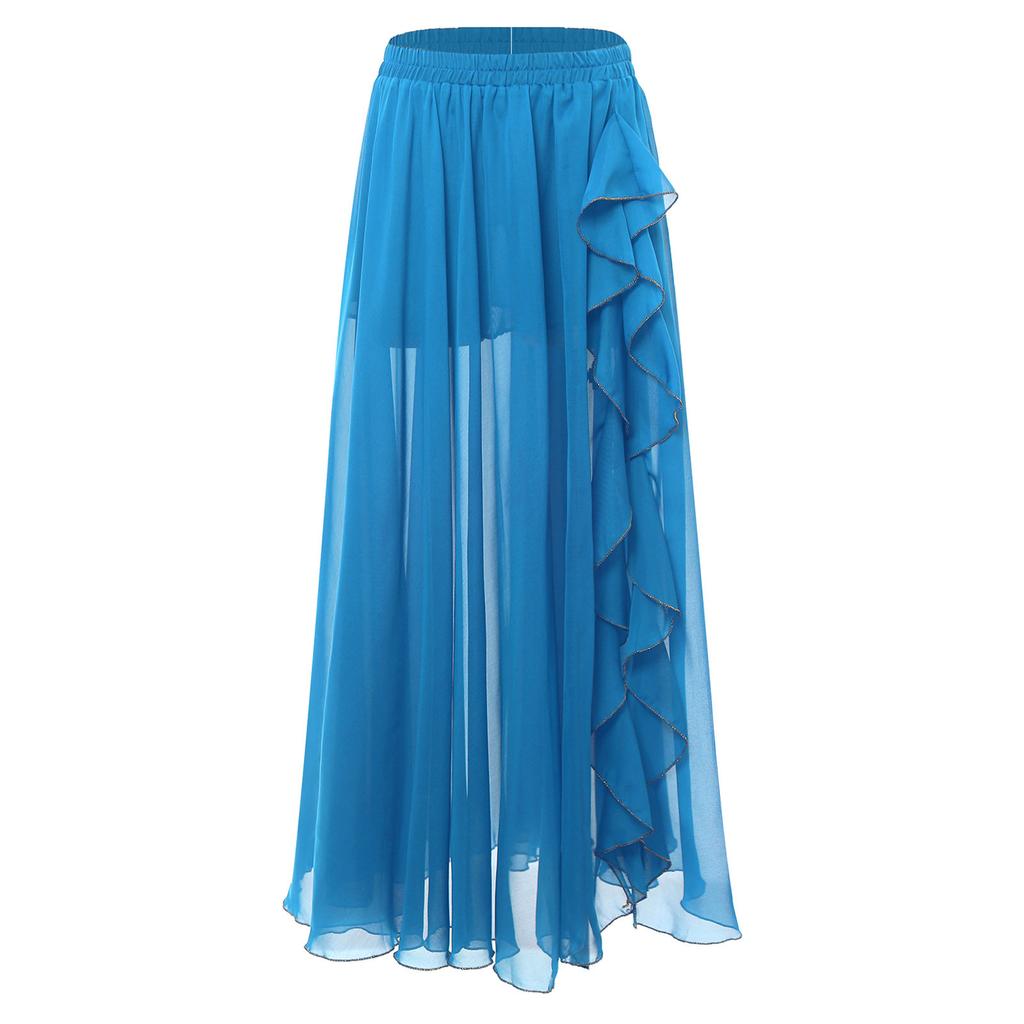 Gonna Chiffon Danza del Ventre da Donna Vita Elastica Volant a Cascata Spacco Laterale Costume da Ballo Svasato