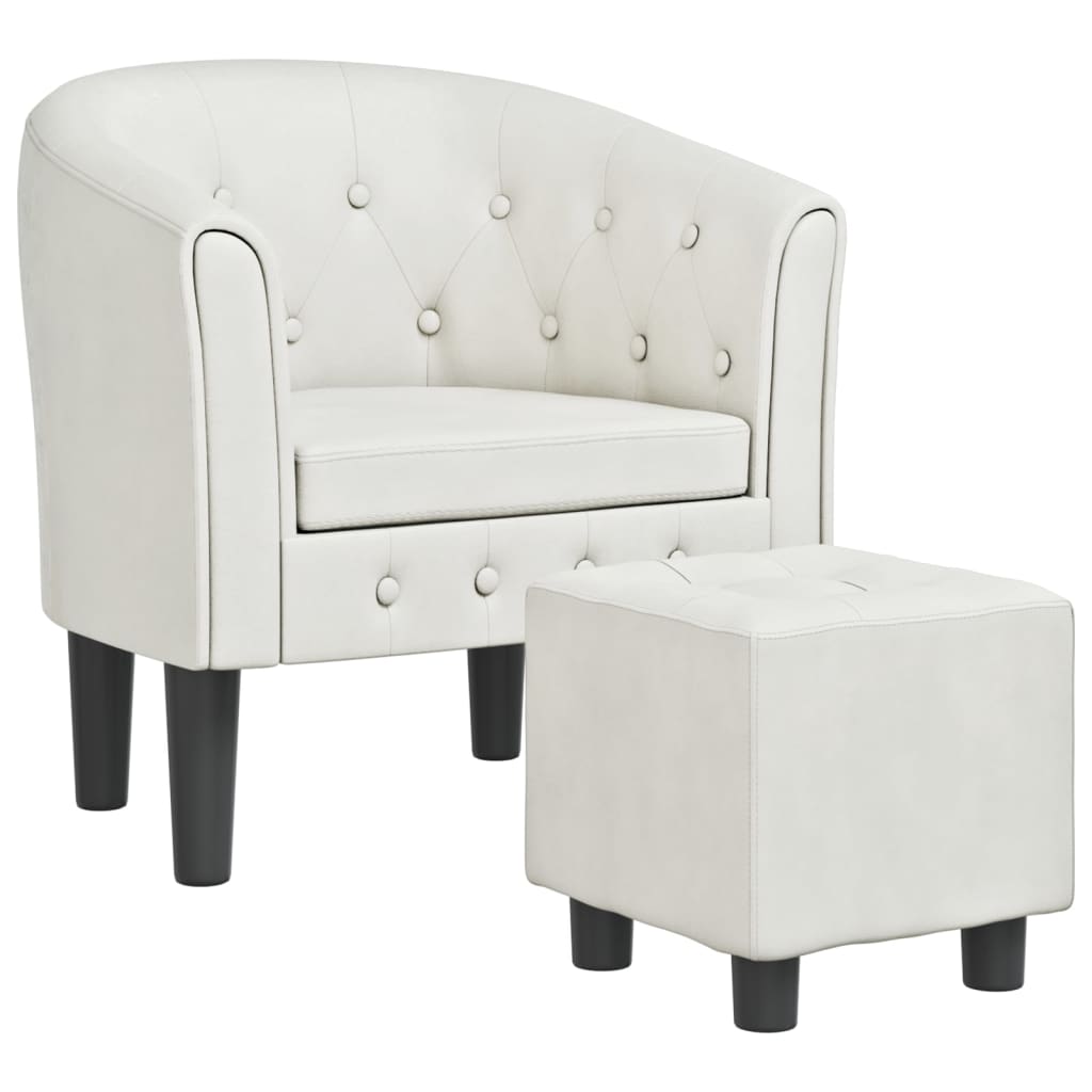 Club Armchair with Footstool White Faux Leather