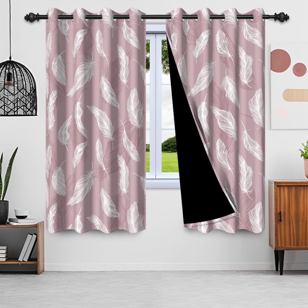 Feather Pattern Curtains Set Polyester Double Layer Window Living Room Home Interior Size Curtain Light Blocking For Area Made Of