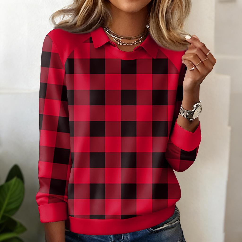 Damen Karomuster Bedrucktes Lässiges Langarm-Sweatshirt-Top