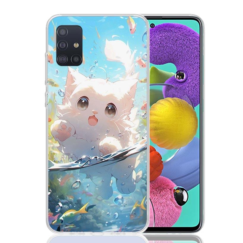 Cartoon Cute Cat Fish Aesthetic Phone Case For Samsung Galaxy A52 A32 A22 A12 A02S A50S A30S A51 A31 AA71 Note 20 Ultra 10 S10 P