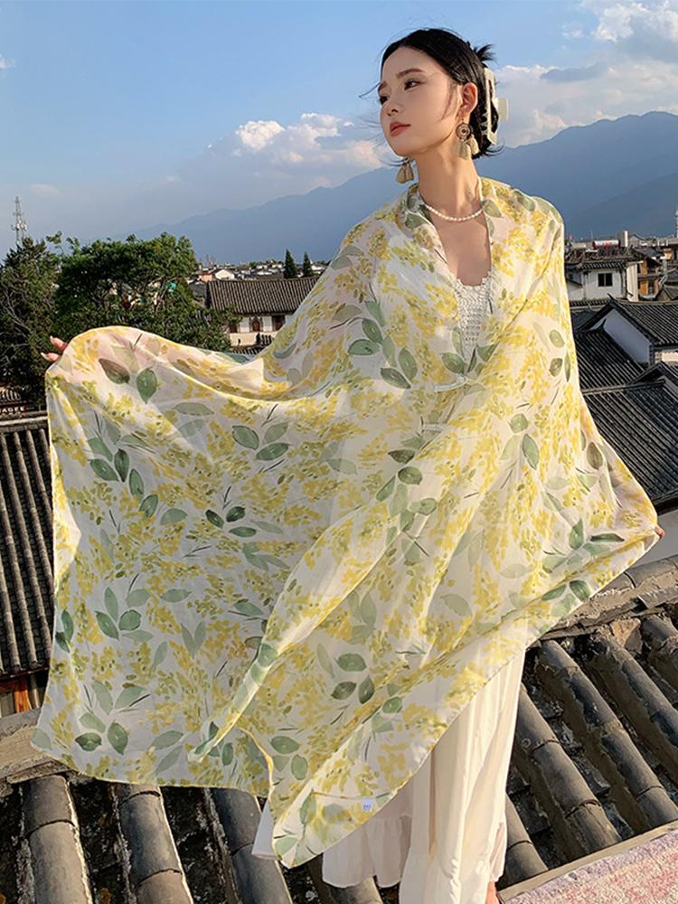 Yto Scarf Women's Yellow New Summer Elegant Beach Silk Scarf Vacation Wrap Shawl Sweet Print Lady Sunscreen Bandana Hijab Long Scarve Pareo Cm