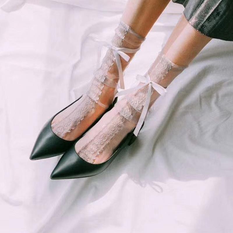 Sexy Lace Socks Women's Transparent Mesh Ultra-Thin Bow Cute Socks for Ladies Fashion Lolita Black White Socks Women