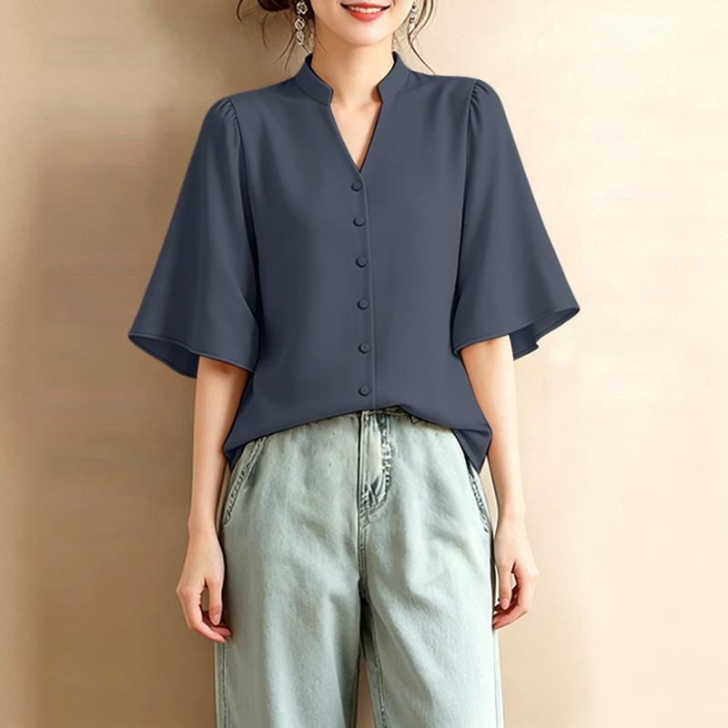 ZANZEA Women Casual V-Neck Solid Color Loose Half Sleeve Blouse