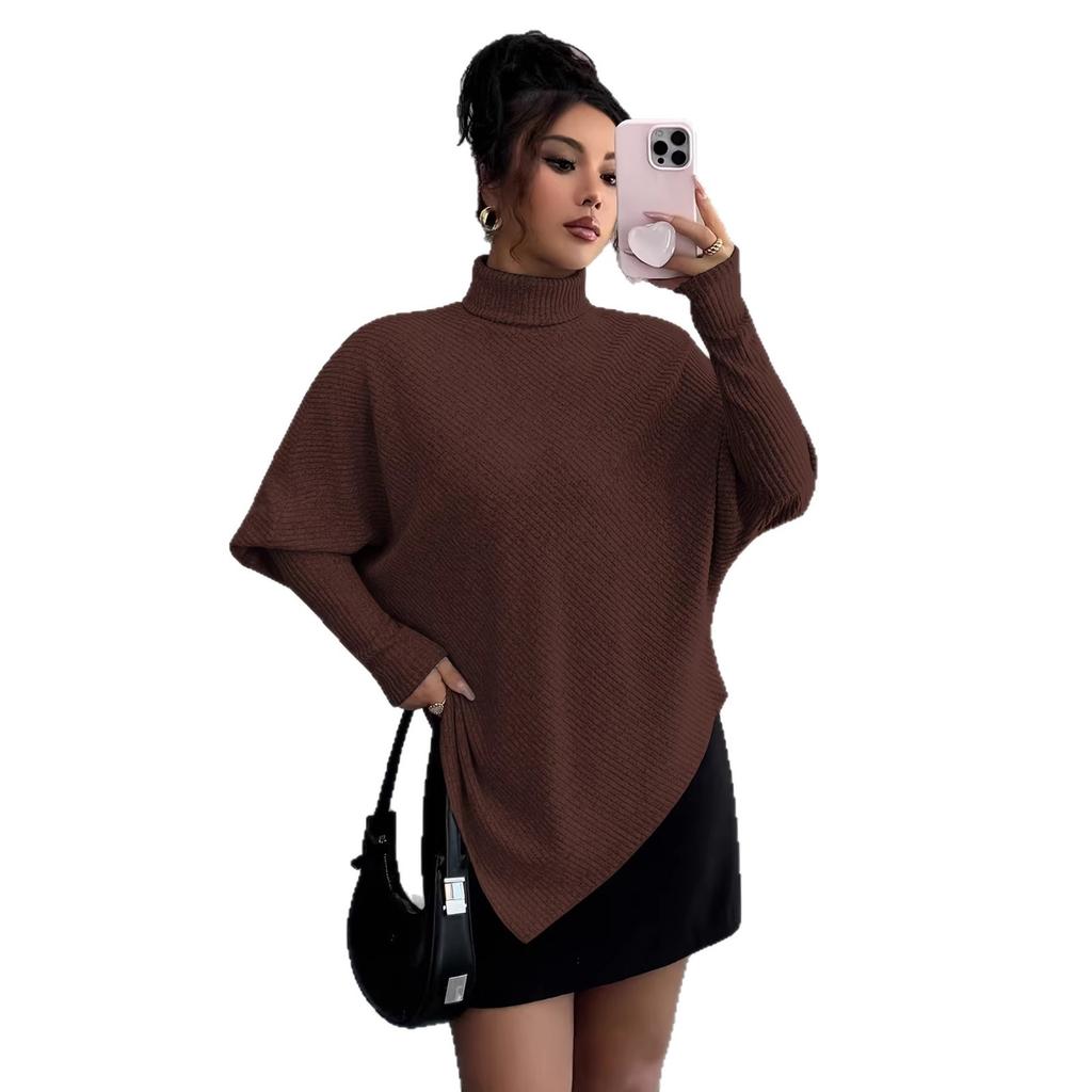 New turtleneck knitted ribbed long-sleeved irregular hem women's top sweater