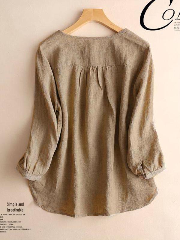 Women's Plus Size Retro Cotton Linen Round Neck Mid-Sleeve Top for Spring/Summer
