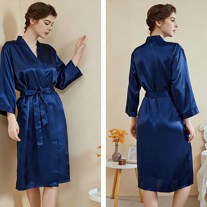 Women's Silk Bathrobe - Long Sleeve V-Neck Solid Color Loungewear House Robe