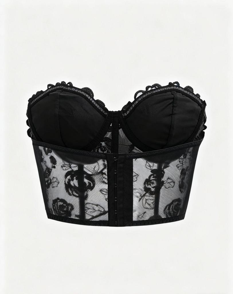 Black Hot Girl Mesh Embroidered Underwire Bustier Tank Top