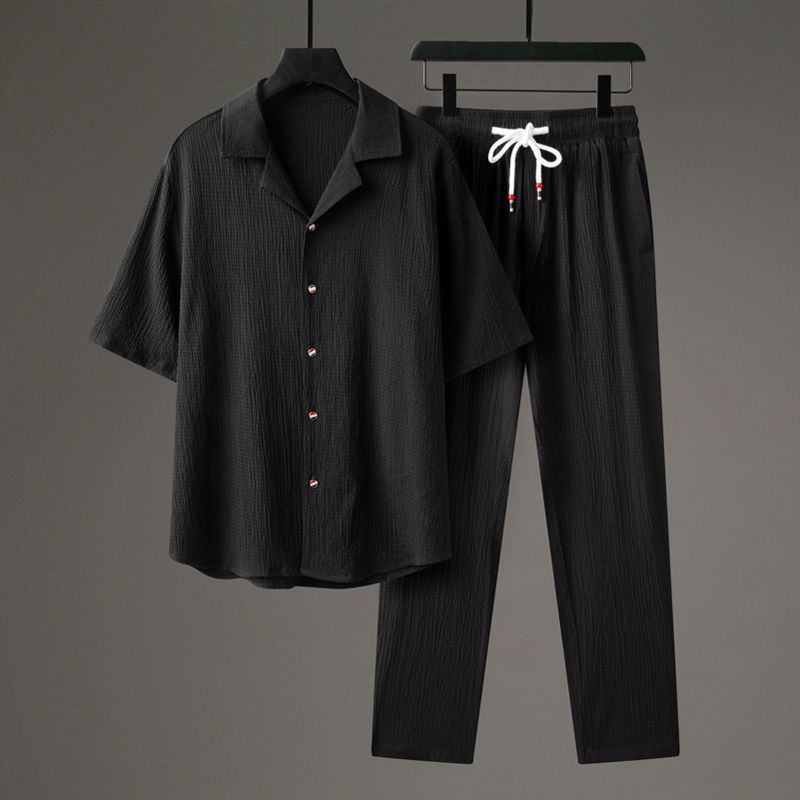 5-point Sleeve Casual Suit Men's Thin Linen Short Sleeved Sports Cotton Solid Color Chinese Style Two-piece Set Men