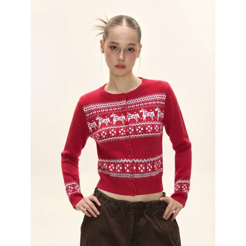 Shiyiyue Fair Isle Knit Cardigan for Women, Autumn and Winter American Style Slim Fit Short Top, Color-Block Casual Outerwear Sweater