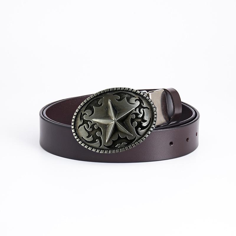 Pentagram Men's Cowhide Belt - Retro Smooth Buckle, Wide 130cm Decorative Trouser Belt