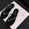 Sheepskin small fragrant wind velvet rhinestone pearl flip-flops women's flat bottom toe beach summer wear sexy sandals